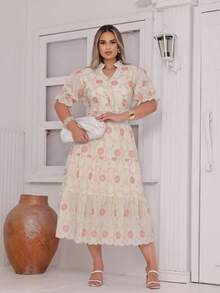 Women's Midi Dress In 3D And Plain Lace Fabric With Elastic At The Back, Button At The Front, And Lining. - 白色/粉紅色3d - 查看 3
