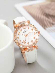 SOKI 一款复古法式女士腕表套装，包含时尚项链、戒指、耳环和发夹，均饰以闪耀的宝石点缀。搭载优雅时尚的石英机芯，搭配精致设计的指针，适合日常佩戴、晚宴及特殊场合。经典珠宝配饰 | 精致细节