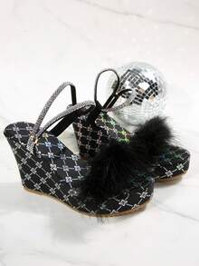 女士法式坡跟毛绒水钻凉鞋，夏季户外穿着，新款时尚百搭优雅舒适高跟鞋，法式仙女风，适合搭配连衣裙 - 黑色 - 查看 5