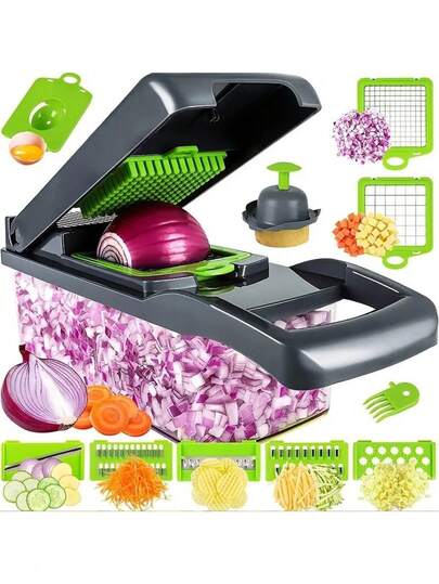 14pcs Multi-Function Kitchen Slicer Set, Manual Vegetable Cutter Dicer Shredder With Stainless Steel Blades, Plastic, Rectangle Shape, No Power Supply Needed
