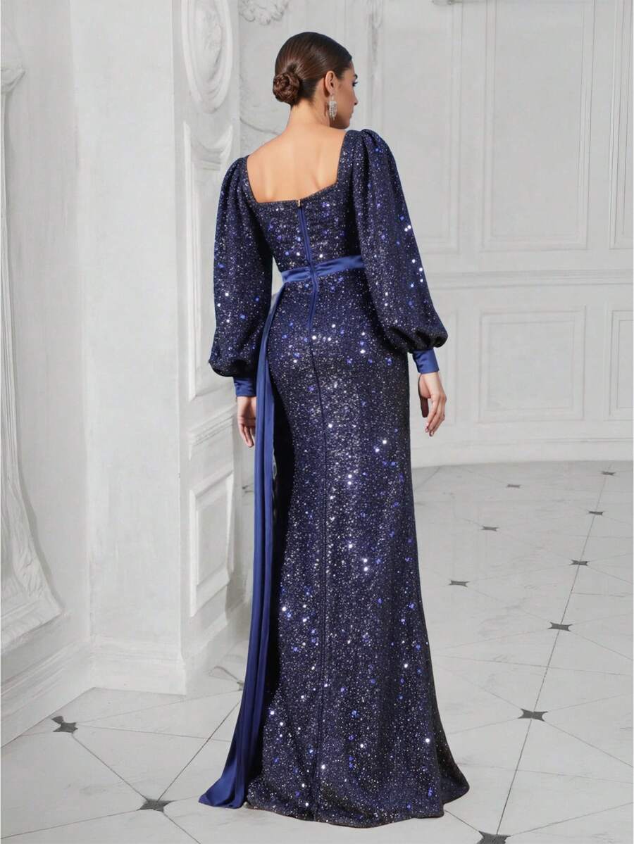 Robe de soirée formelle à col carré bleu marine avec sequins, manches bouffantes, ceinture taille blocs de couleurs et fente. Idéale pour les événements sur le tapis rouge. - Bleu marine - Voir 1