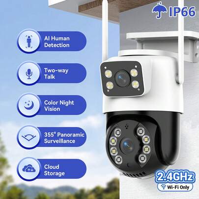 RecorGood Bộ camera an ninh AI ống kính kép, màn hình đơn quan sát kép không điểm mù, tự động theo dõi người, tầm nhìn ban đêm màu sắc nét, đàm thoại hai chiều và báo động bằng đèn chiếu sáng, thích hợp cho nhà ở và ngoài trời | Bộ sản phẩm bao gồm giá đỡ, đế và hướng dẫn sử dụng