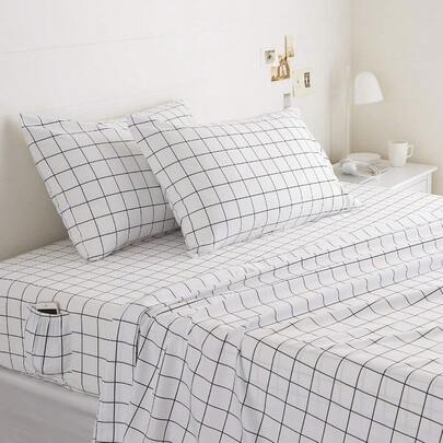 Basics Soft Microfiber 4Piece Bed Sheet Set With Elastic Side Pockets Full Black Grid Geometric