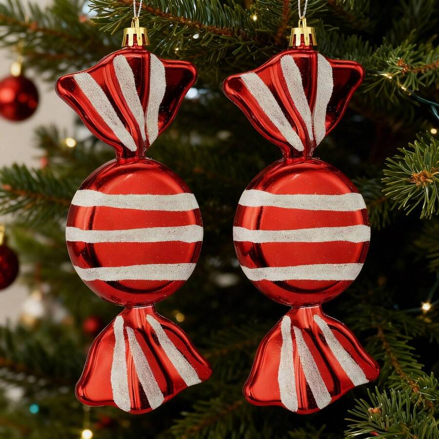2Pcs Candy Ornaments For Christmas Tree Striped Sweet Pendant Hanging Decorations For Home Holiday Party - Red - View 1