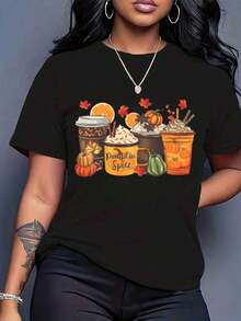 Women T Shirt Pumpkin Spice Coffee Cup Autumn Leaves Pattern Print Short Sleeve Round Neck Casual Fall Seasonal Tee 220g - Black - View 1