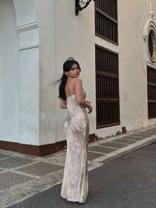 U领露背吊带高腰派对晚礼服，完美适用于婚礼、伴娘及各种派对场合。 - 香檳色 - 查看 8