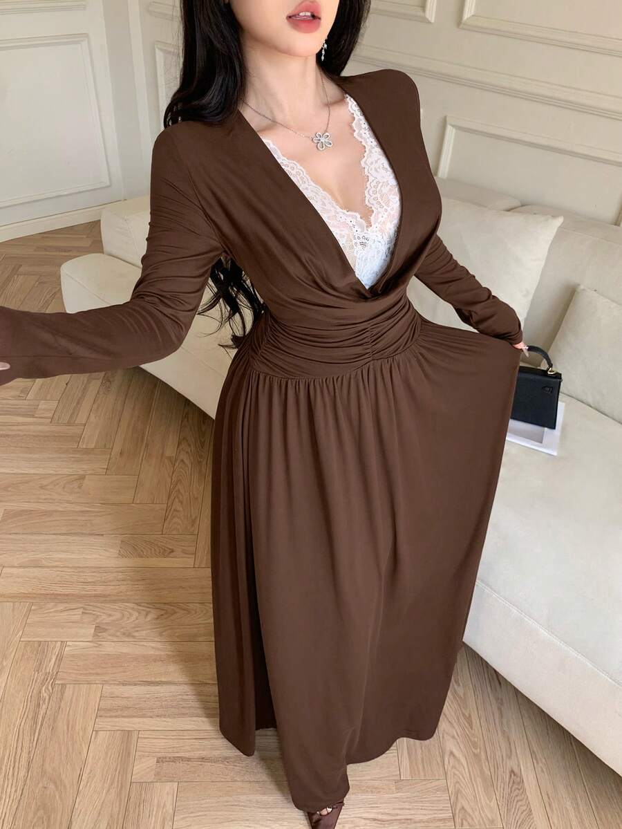abyoxi Women's Brown Deep V Lace Splicing Drape Collar, Long Sleeve Waist-Cinching Ruched, Asymmetric Waistline Long Dress ,Vintage Elegant, Sexy And Charming, Party, Romantic Date, Formal Dinner Gown, Fall Winter Dresses