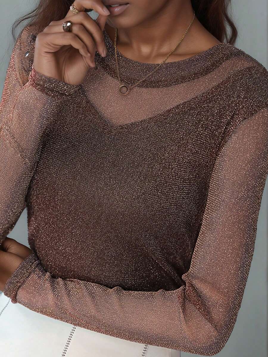 Women's Elegant Shiny Long Sleeve Top, Loose Fit Casual Undershirt, Suitable For Spring And Autumn - Brown - View 1