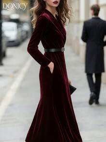 DONICY 女士纯色丝绒领带连衣裙，修身腰身，复古优雅简约红色连衣裙，适合出席宾客、婚礼、派对、情人节晚宴、新年等正式场合。 - 紅色 - 查看 4