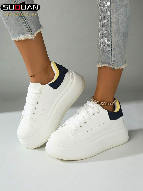 1 Pair Women's White Sneakers, Fashion Casual Lace-Up Flat Shoes, Versatile For School, Student, Spring/Autumn, Comfortable Outdoor Skateboard, Running Shoes, Suitable For Gym