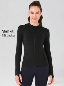 Women's Spring/Summer Hooded Sports Jacket, Winter Women's Jacket, Fashionable Yoga, Outdoor Running, Commuting, Elastic Comfort, Back Shaping, Abdominal Shaping, Slimming And Fitness, Running Sportswear, Zipper Elasticity, Minimalist Fashion, Sexy, Slim Fit, Long Sleeved Yoga Jacket - 黑色 - 查看 9