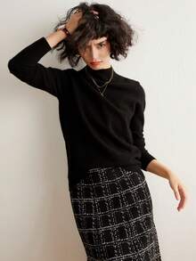 HLICYUM 女士毛衣一件，新款秋冬100%羊毛针织套头衫，半高领，柔软、保暖、透气，时尚商务休闲风，假日畅销女装上衣 - 黑色 - 查看 5