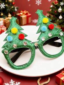 1 peça de armação de óculos feminina com pompom de árvore de Natal e strass, acessório divertido para festas e presilha de cabelo. - Multicolorido - Ver 5