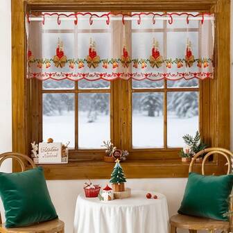 1件装现代简约彩色刺绣薄纱窗帘，绣有蜡烛和蝴蝶结图案，半透明设计，适用于客厅、卧室、厨房、小窗户的圣诞装饰，圣诞礼物