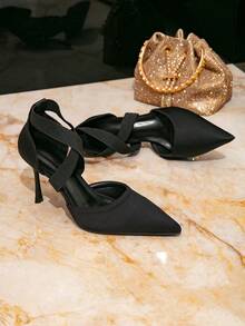 Women's Black Pointed Toe Stiletto High Heels, Elastic Criss-Cross Strap Sexy Mules High Heels, Comfortable Super High Heels For Party, Evening Dress, Casual - Black - View 2