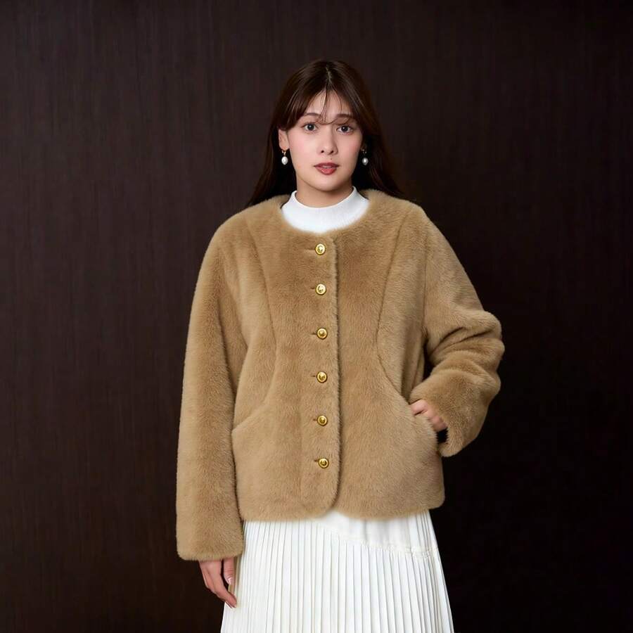 Women's Faux Fur Crew Neck Jacket, Warm Shaggy Outerwear For Fall And Winter, Long Sleeve Button-Down Wrap Coat - Camel - View 1