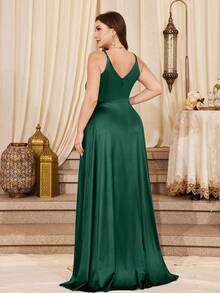 Abito formale vintage anni '50 con scollo a V e spacco sulla coscia, taglie comode - Verde Scuro - Visualizzare 2