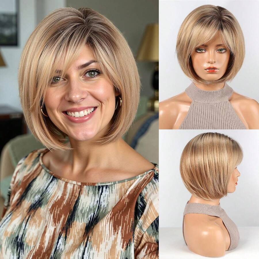 Short Blonde Pixie Bob Wig With Bangs Mixed Blonde Wigs For White Women Straight Synthetic Wigs For Daily Party Christmas Costume Wig - Vàng - Xem 1