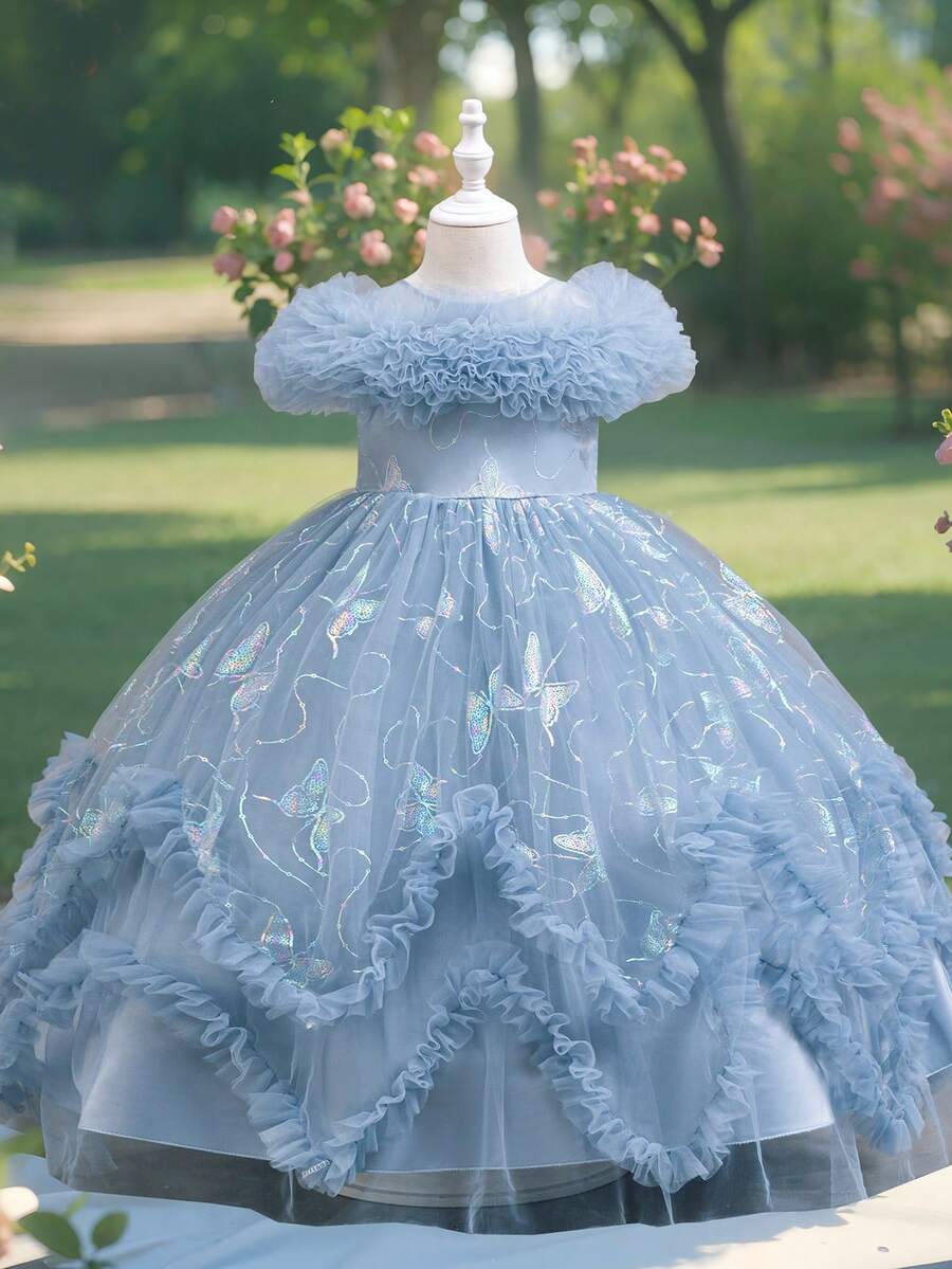 Girls' Princess Dress With Butterfly Embroidery & Layered Tulle Skirt – Elegant Flower Girl Gown For Christmas, Halloween & Birthday Parties - Xám - Xem 1