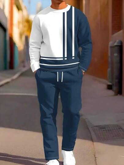 男士渐变印花圆领运动套装，狮子印花休闲连帽衫和裤子套装，适合户外运动