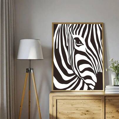 1幅斑马肖像印花帆布海报，现代简约黑白抽象动物墙面装饰画，北欧风格家居装饰，卧室、浴室、厨房、书房、餐厅、走廊、办公室装饰、房间装饰，墙面艺术画（不含画框）