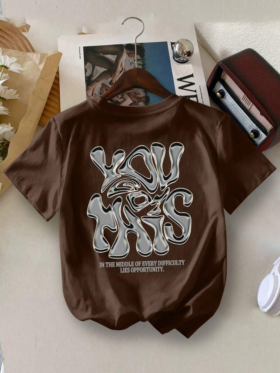 Camiseta de manga corta de verano para niño, con impresión de letras tridimensionales líquidas de moda y casual, cuello redondo