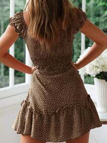 Womens Sweetheart Neck Ruffle Sleeve Floral Print Mini Dress Summer Casual Outfit - 卡其色 - 查看 3