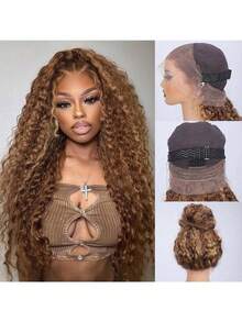 Glueless Wigs Human Hair Human Hair Curly Wig 250% Density Lace Frontal Wigs 4/27 Highlight Ombre Honey Blonde Human Hair Wig Ombre Highlight 4/27 Deep Wave Lace Front Wigs Hidden Strap 360 Drawstring Wigs Human Hair Pre Plucked Pre Bleached Deep Wave Full Lace Frontal Wig With Baby Hair 28 Inch Glueless Wigs Human Hair - S4/27 - 查看 3