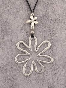 1件简约银白色不对称镂空花朵合金吊坠项链，时尚日常长款项链，配棕色蜡绳，适合年轻女性、女友佩戴 - 銀白色不規則鏤空花 - 查看 10