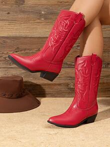Women's Cowboy Boots Pointed Toe Pull On Cowgirl Boots Wide Calf Chunky Low Heel Embroidery Comfortable Western Boots Outfit For Ladies Spring Summer - 紅色 - 查看 8