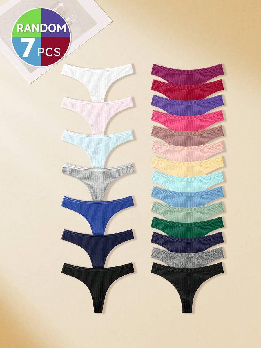7 Pack Solid Color Sporty Ribbed Low Rise Stretchy Thongs Panties For Gym Summer - Multicolor - View 1