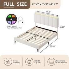 LED Bed Frame With Storage Headboard, Queen Bed Frame With Bookcase Headboard, PU Leather Upholstered Furniture, No Box Spring Needed, Easy Assembly, Christmas Gifts, Bedroom Deccor, Twin/ Full/ Queen, Black/ White (USB LED Strip) - 白色 - 查看 8
