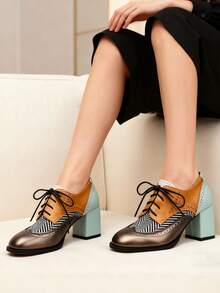 Oxfords Women High Heels And Single Shoes Ladies' Business Loafers Shoes Lace Up Fashion Cool Luxury Outdoor Fall Dress Shoes - 灰色 - 查看 2