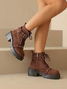 Giày bốt đế vuông đế dày cổ điển, bốt ngắn cổ chân đa năng thường ngày, bốt thời trang buộc dây có khóa trang trí cho mùa thu/đông 2025, giày cao gót màu đỏ tía - màu nâu - Xem 2