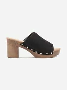 Ciabatte da donna in morbida pelle con tacco a blocco, scarpe casual estive - nero - Visualizzare 3