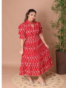 Women's Midi Dress With Embroidered Laise All-Over Print Embroidery Button Ruffles Gathered Formal And Evening - Bicolor Red - View 3