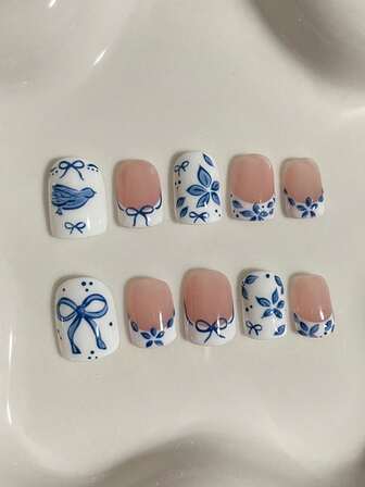 10 Pieces Of Short Coffin Shaped Pressed Nails, Featuring A Chinese Style Blue And White Porcelain Style With A Blue And White Color Scheme And A Butterfly Bow Flowers And Birds Painted, Suitable For Office Workers, Students, Party Girls, And Nail Supplies For All Seasons, Comes With 1 Jelly Gel And 1 Nail File.