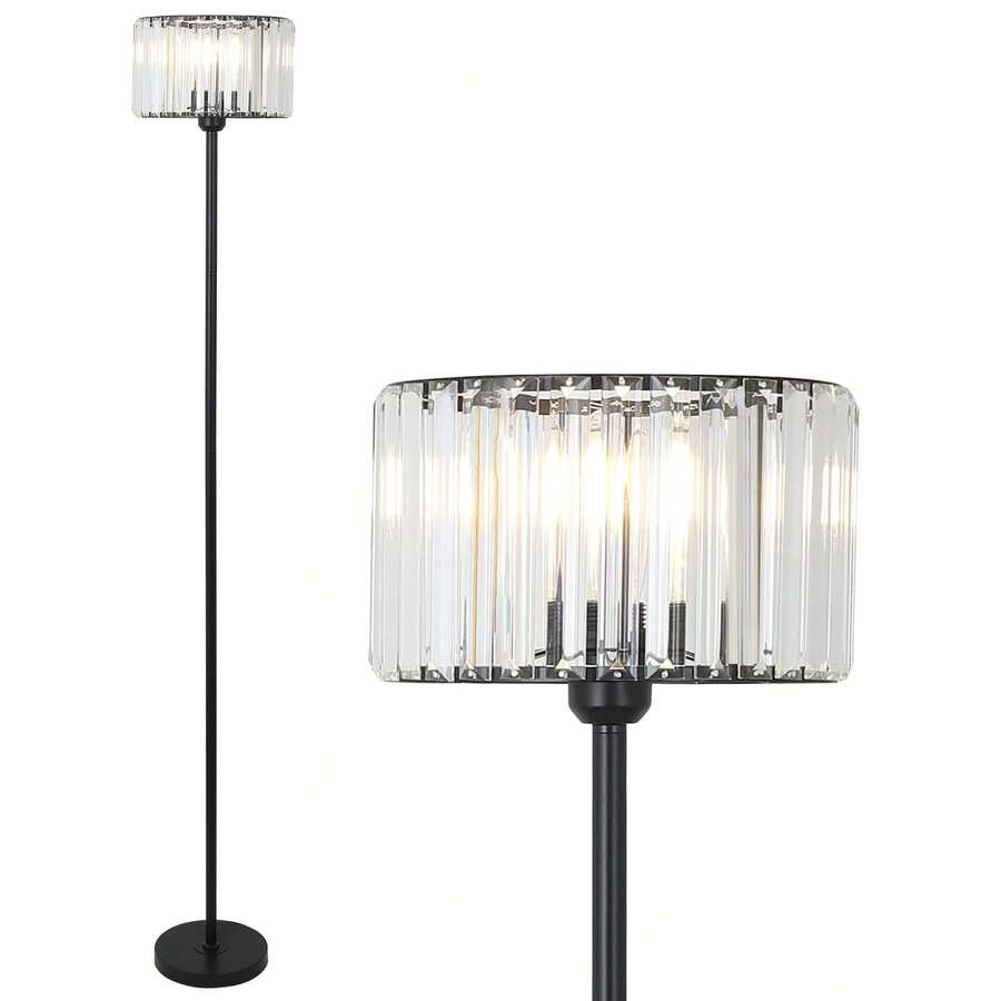 Black Floor Lamp For Bedroom, Modern Floor Lamp For Living Room With K9 Crystal Shade, Industrial Standing Lamp With On/Off Switch, Vintage Corner Tall Lamp For Nursery Office Kids Girls Room - 查看 1