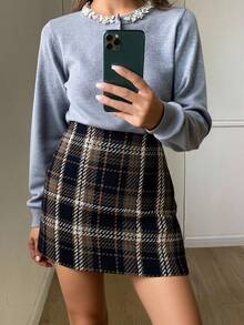 Livesso 格子羊毛高腰A字迷你裙 秋季裙装 冬季女装裙装 - 藏蓝色 - 查看 4