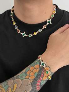 1 Set Luxury High-End Bracelet Fashion Niche Commute Design Jewelry Set, Colorful Crystal Flower Asymmetrical Necklace & Bracelet Exquisite Accessories, Suitable For Holiday Gifts And Attending Important Gatherings - Four-pointed Star - View 19