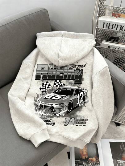 Sudadera con capucha de estilo casual con estampado de coche para mujer LOVE JOYY, prenda de otoño/invierno para mujeres