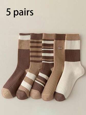 5 Pairs Women's Merino Wool Blend Striped Colorblock Mid-Calf Socks, Fashion, Versatile, Suitable For Daily Wear, Autumn/Winter