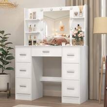 Dressing Table With Led Mirror Storage Drawers Makeup Desk Vanity Table Lights - White - View 2