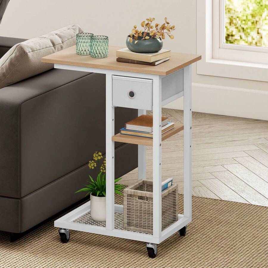 Yitahome C-Shaped End Table, Slim Sofa End Table With Fabric Drawer, Open Compartments And Lockable Wheels, Movable Side Table, Natural Oak -By GeoTower