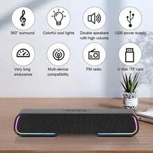 3D Surround Bluetooth Sound Bar, High-Quality Speaker Material, Home Theater Soundbar, 4 Speakers & RGB Light Detail, 1200mAh Battery, USB/SD/AUX/FM Radio Support, Built-In Subwoofer & USB Rechargeable, Wireless Bluetooth Speaker Ideal For TV/Music/Gaming - Black - View 3