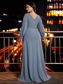 BluePlum Plus Size Elegant Long Solid Color V-Neck Long Sleeve Applique Women's Evening Gown (Embellished) - Dusty Blue - View 3