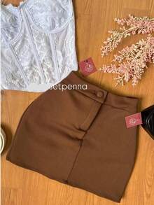 Elegant Women's Neoprene Short Skirt With Button - Style - Rust Brown - View 1