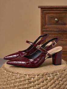 WHDXY Burgundy Crocodile Embossed Chunky Heel Pointed Toe High Heels, Women's Shoes With Lace-Up Design, Fashionable For Daily Wear, Work, And Parties - Màu Đỏ Sâu - Xem 2