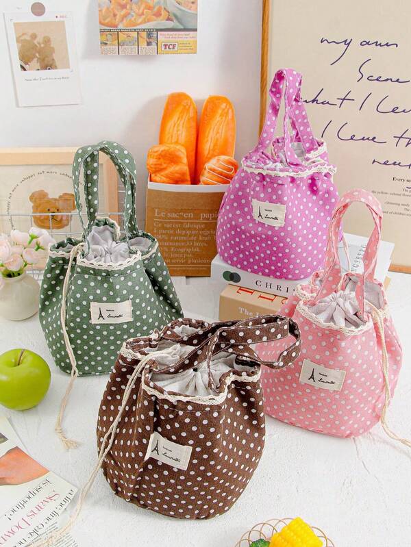 1 Peça Bolsa Térmica Almoço com Cordão e Bolinhas, Bolsa Térmica para Almoço, Bolsa Térmica Fofa, Fornece Textura Macia, Interior de Alumínio para Isolamento Térmico e à Prova d'Água, Bolsa de Viagem e Piquenique Portátil, Bolsa Térmica de Almoço para Escritório, Bolsa Térmica de Almoço Escolar