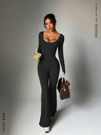 FWH Fashionable Outdoor Yoga, Pilates, Commuting, Dating, Layering Essential Stretchy Sexy Jumpsuit With Hip Ruching Design For Butt-Lifting And Leg-Slimming, Built-In Removable Bra, Long Sleeves, Elegant Back Design, High-End Flared Legs, Slimming High-Waist Tummy Control, Brightening Fresh Tone